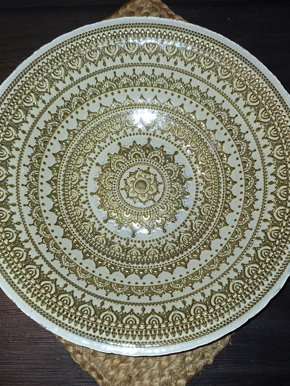Vintage Italian Pressed Glass 13" Ivory & Gold Serving Dish/ Bowl